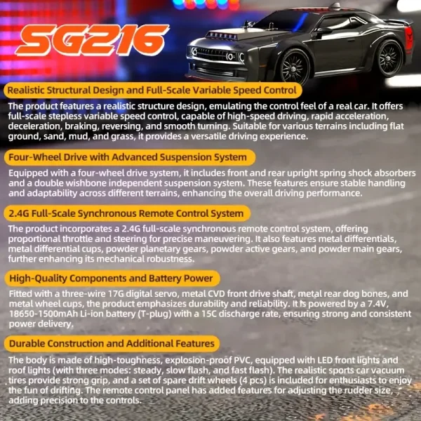 1/16 RC Drift Car with 4wd  High Speed Remote Control Cars, Drift Racing car with Lights and  Rechargeable Battery - Image 36