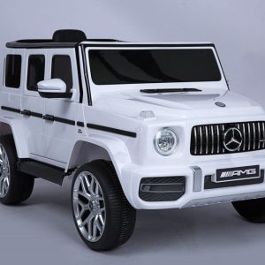 Officially Licensed Mercedes Benz AMG G63 Kids Ride-On Car, Black- white. leather seat- rubber wheels