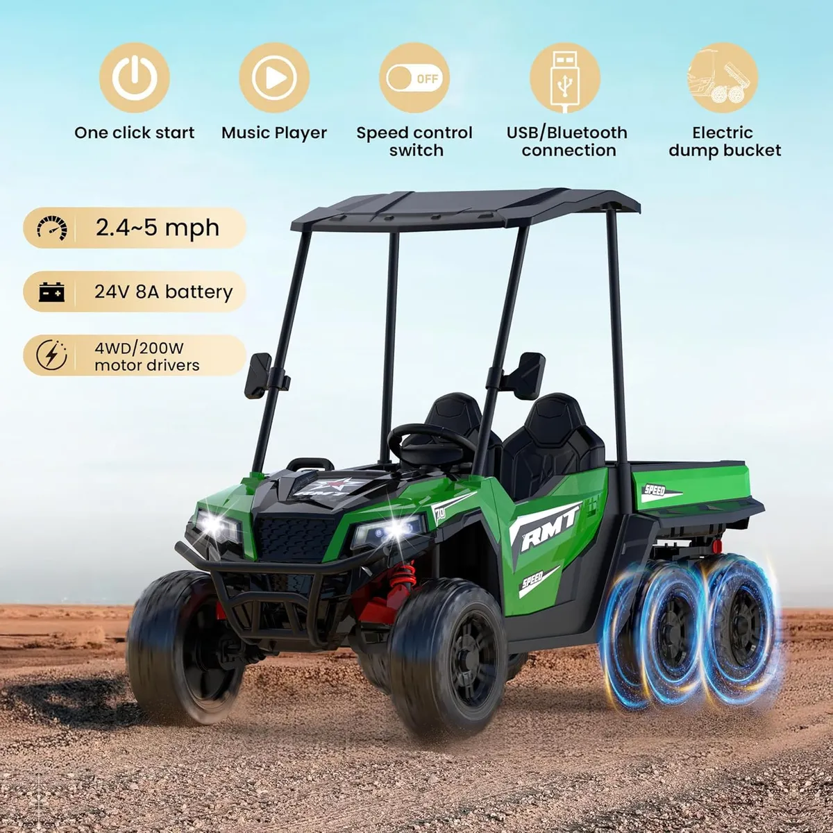 24V 4WD Dump 6 wheels Truck Ride-On with solid rubber wheels - Image 2